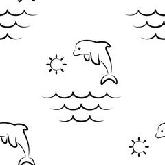 Dolphin, ocean, sea, sun. Pattern. Seamless vector illustration. Art Line. Flat.