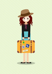 Cartoon character with cute lady of beautiful tourist, Flat vector illustration