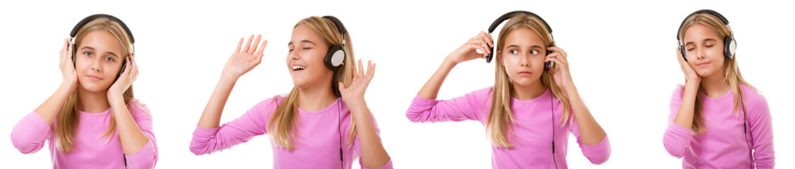 Naklejka premium music and technology concept - set of lovely girl with headphone listening music isolated