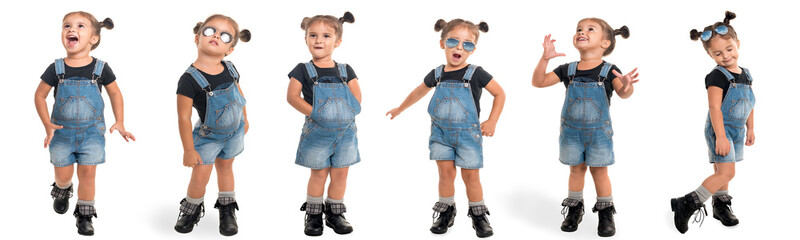 childhood and people concept - set of stylish little girl wearing denim in full length isolated