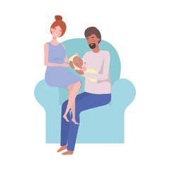 woman and man with newborn baby sitting on sofa