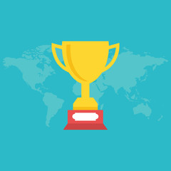 Winner award banner vector illustration, flat cartoon trophy golden cup 
