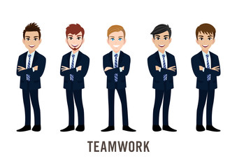 Cartoon character with businessman, teamwork concept design. Flat vector illustration.