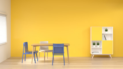 table and chairs in front of the yellow empty wall 3d rendering modern home design