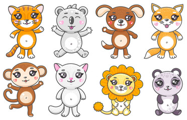 Set of cute cartoon animals. Smiling baby animas in kawaii style isolated on white background.