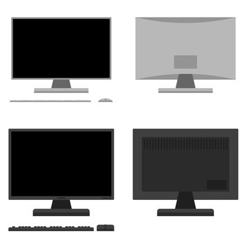 A set of furniture for the workplace Computer front and rear In different styles Vector flat illustration