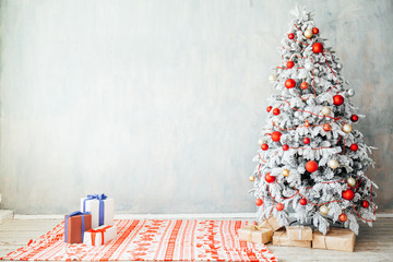 Fototapeta na wymiar Merry Christmas gifts Interior white room holidays new year tree