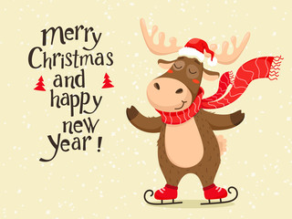 A cute Christmas deer with a scarf skating and wearing a Santa Claus hat. Handwriting text, lettering. Vector isolate on a ocher background with a snow effect.