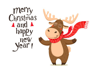 A cute Christmas deer with a scarf. Handwriting text, lettering. Vector isolate on white background.