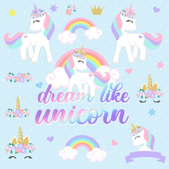 Cute set of unicorns with flower bouquet with the phrase dream like unicorn