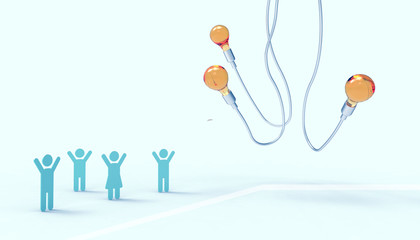 Creative idea Energy saving Light Bulbs and People Symbol Concept Inspiration style and modern Blue paste Cloud background - 3D rendering