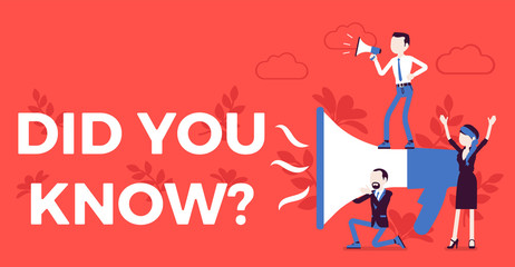 Did you know megaphone announcement. Group of people holding loud speaker to explain interesting fact of commercial product, promotion, advertising information. Vector illustration, faceless character