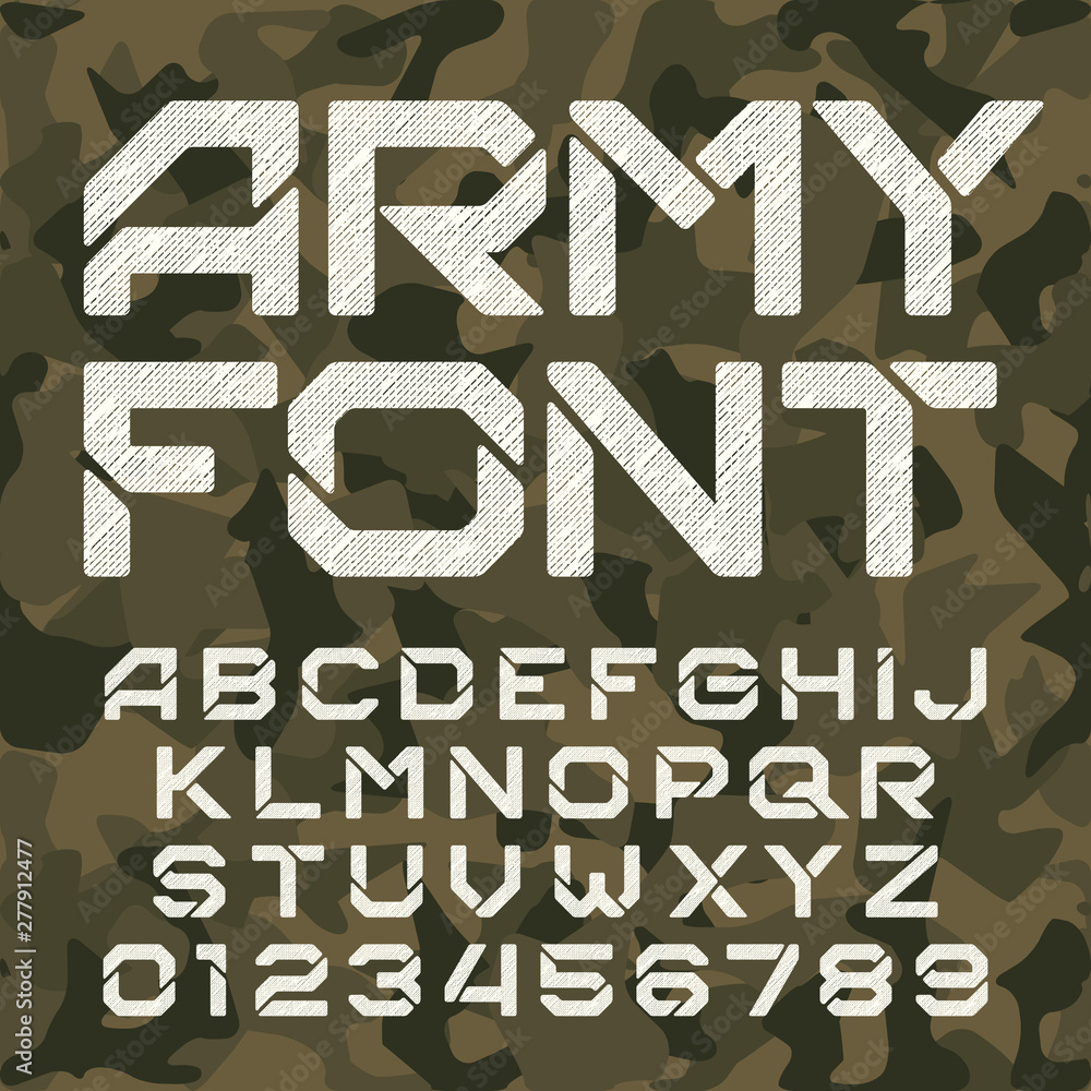 Fototapete army alphabet typeface. scratched messy letters and numbers on camo background. vector font for your
