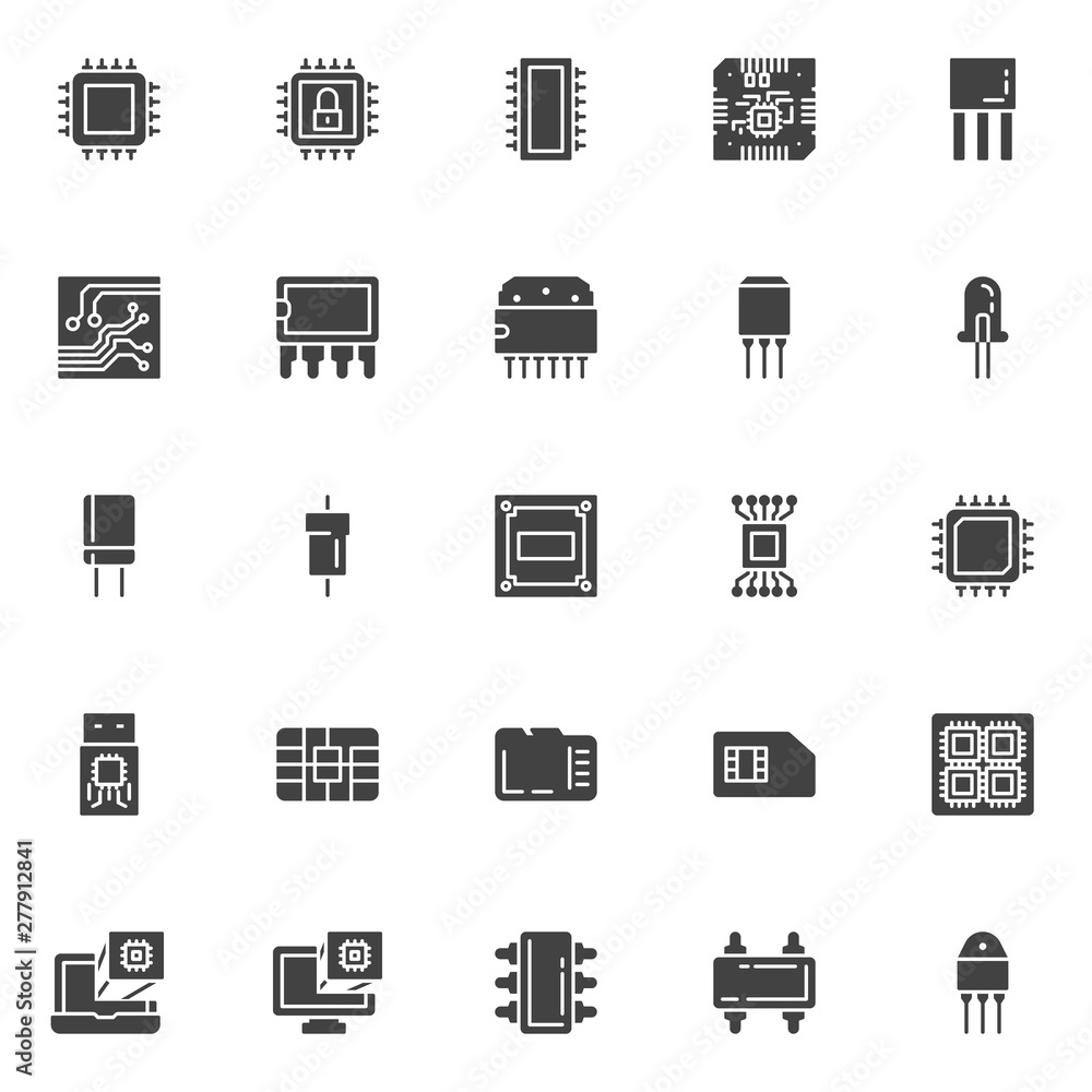 Poster computer microchip vector icons set, modern solid symbol collection, filled style pictogram pack. si