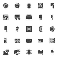 Computer microchip vector icons set, modern solid symbol collection, filled style pictogram pack. Signs, logo illustration. Set includes icons as Transistor chip, Microcircuit, Computer processor