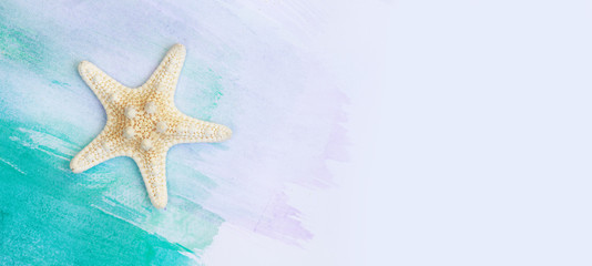 Fototapeta na wymiar vacation and summer concept star fish banner with watercolor turquoise blue summer flat lay background.