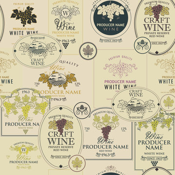 seamless pattern on the theme of wine with various wine labels with images of grapes, landscapes, winery and other in retro style