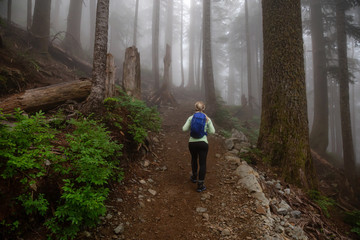 Obraz premium Adventurous girl hiking on a trail in the woods during a foggy and rainy day. Taken in Cypress Provincial Park, Vancouver, British Columbia, Canada.