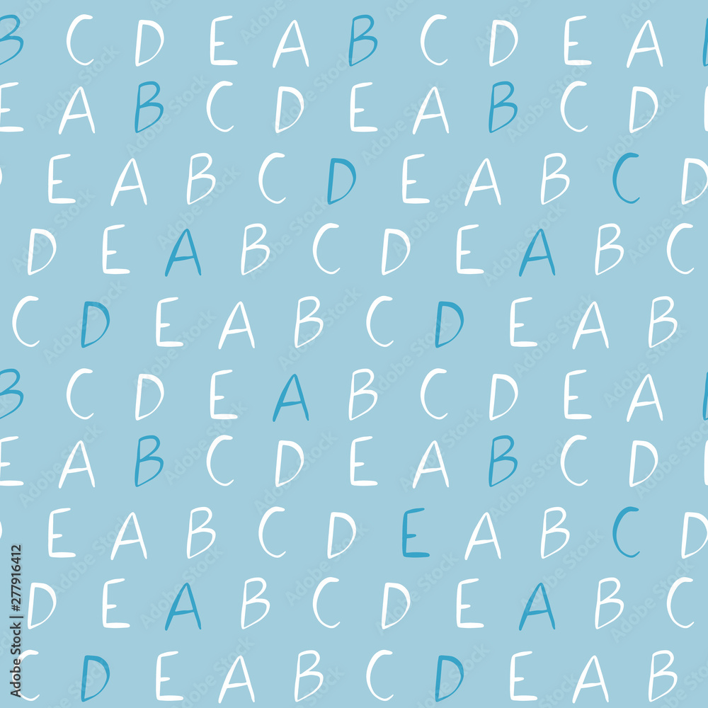 Fototapete Vector hand drawn letters seamless pattern. Blue background with font characters for school design.