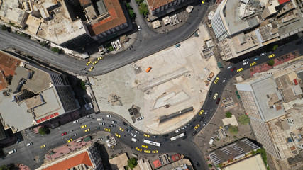 Aerial top view photo of famous square of Omonia in the heart of Athens centre, Attica, Greece