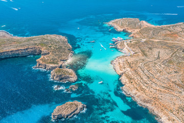 Aerial view from the height of the heavenly Blue Lagoon on the island of Comino Malta.