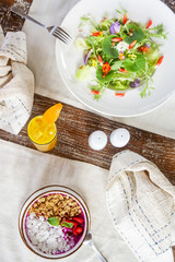 Healthy organic vegetarian food served on the restaurant table.
