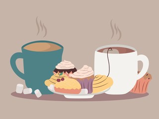 Breakfast concept. Coffee tea bakery and sweets vector illustration