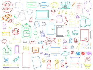 Back to school. Set of multicolored school supplies on isolated background. Big collection of different signs on white. Hand drawn elements. Abstract education illustration