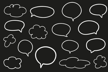 Hand drawn infographic elements on isolation black background. Abstract clouds. Set of think and talk speech bubbles. Black and white illustration