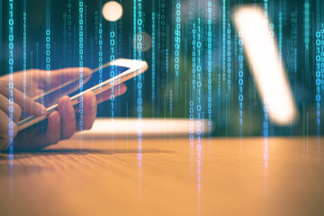 businessman and smartphone mobile with social network technology with lifestyle office concept, data deep learning ai robotic, system and hacker online security privacy