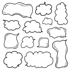 Hand drawn infographic elements on isolation background. Set of think and talk speech bubbles. Doodles on white. Black and white illustration