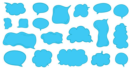 Set of hand drawn colored think and talk speech bubbles on white. Abstract clouds on isolation background. Sketchy doodles