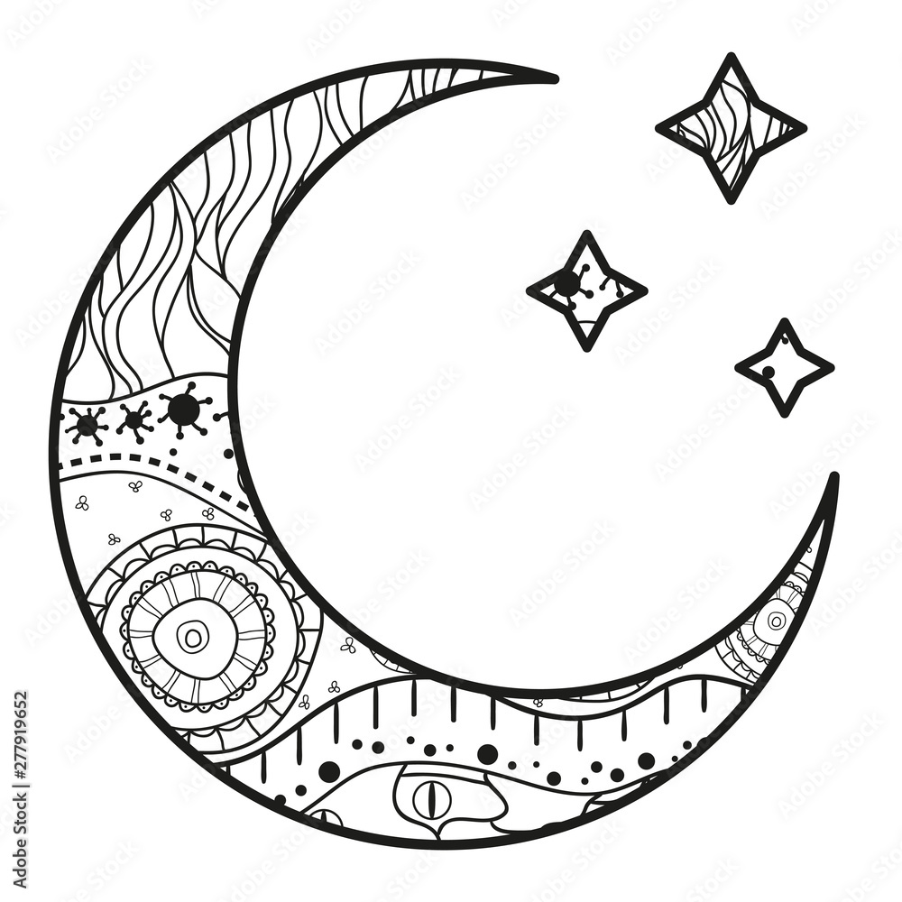 Wall mural crescent moon with stars with abstract patterns on isolation background. design for spiritual relaxa