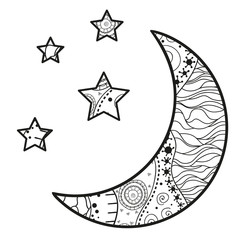 Crescent moon with stars with abstract patterns on isolation background. Design for spiritual relaxation for adults. Line art creation. Black and white illustration for anti stress colouring page