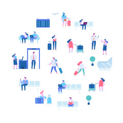People sitting and walking in airport terminal. Infographics elements, banner or poster design arranged in circle shape. Business travel concept, travelling, vactaion. Flat vector illustration.
