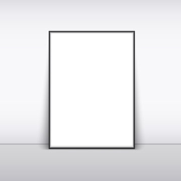 Mock up black color photo frame leaning on the wall. Vector illustration