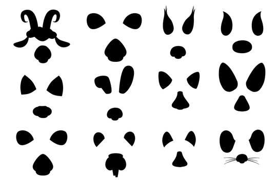 Black silhouette animal face elements set cartoon flat design ears and noses vector illustration isolated on white background