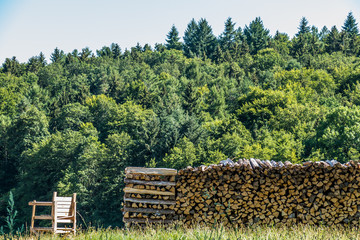 Brennholz Lager abgedeckt auf Wiese im Sommer © focus finder