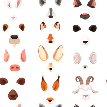 Seamless pattern animal face elements set cartoon flat design ears and noses vector illustration on white background