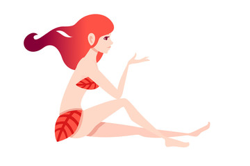 Beautiful fashion woman sit on floor with red abstract hair and wearing red leaves cartoon character design flat vector illustration