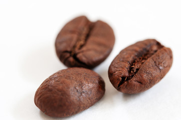 three coffee beans on white background