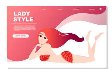 Beautiful fashion woman lies on stomach with red abstract hair and wearing red leaves cartoon character design flat vector illustration website page design