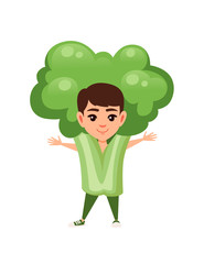Boy kid wearing green broccoli costume cartoon character design flat vector illustration isolated on white background