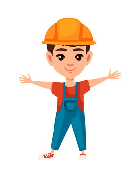 Boy kid wearing builder costume cartoon character design flat vector illustration isolated on white background