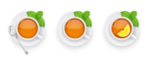 Tea cup and green spearmint leaf on plate. Traditional hot drink for breakfast with mint and lemon. Tea time. Herbal tonic beverage. Isolated white background. Eps10 vector illustration.