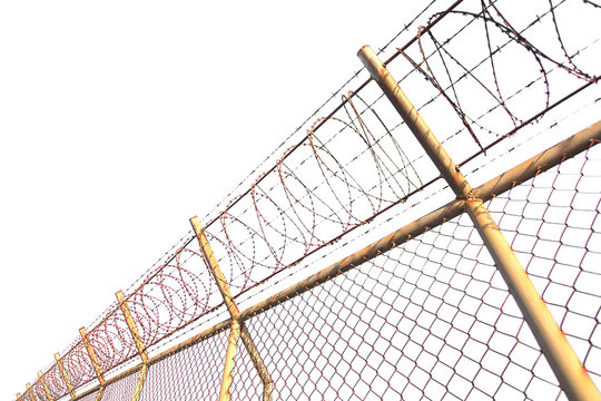 Texture the cage metal net isolate on white background. fence with barbed wire