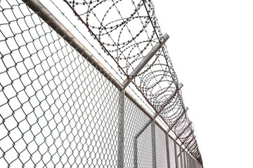 Texture the cage metal net isolate on white background. fence with barbed wire