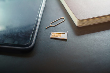 nano sim card in the storage and SIM card adapter to change the size to a small SIM card and the usual SIM card size on a black background, bought in Thailand requires passive paste. Register with