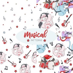 Seamless patterns set with cute cartoon musican kittens on white background