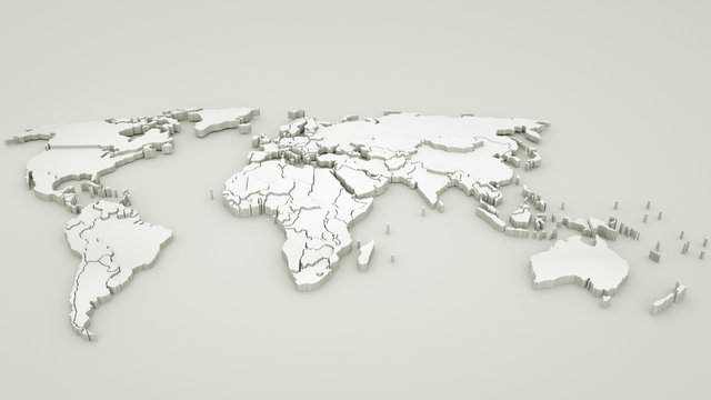 World map detailed design in white color. 3d illustration